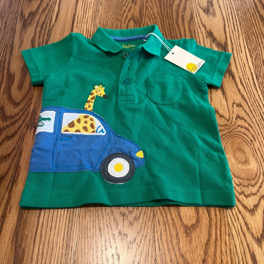 Baby Boden boys green polo shirt with giraffe appliqué